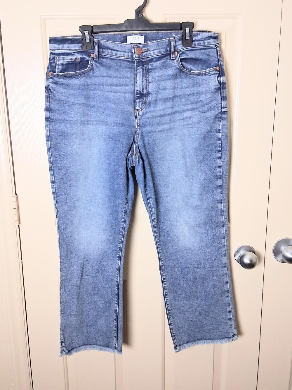 Loft Outlet Women Size 14 Petite Straight Blue Denim Jeans Fringe Leg